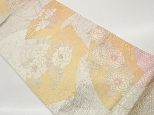 佐賀錦地紙に花々・古典柄模様織出し袋帯